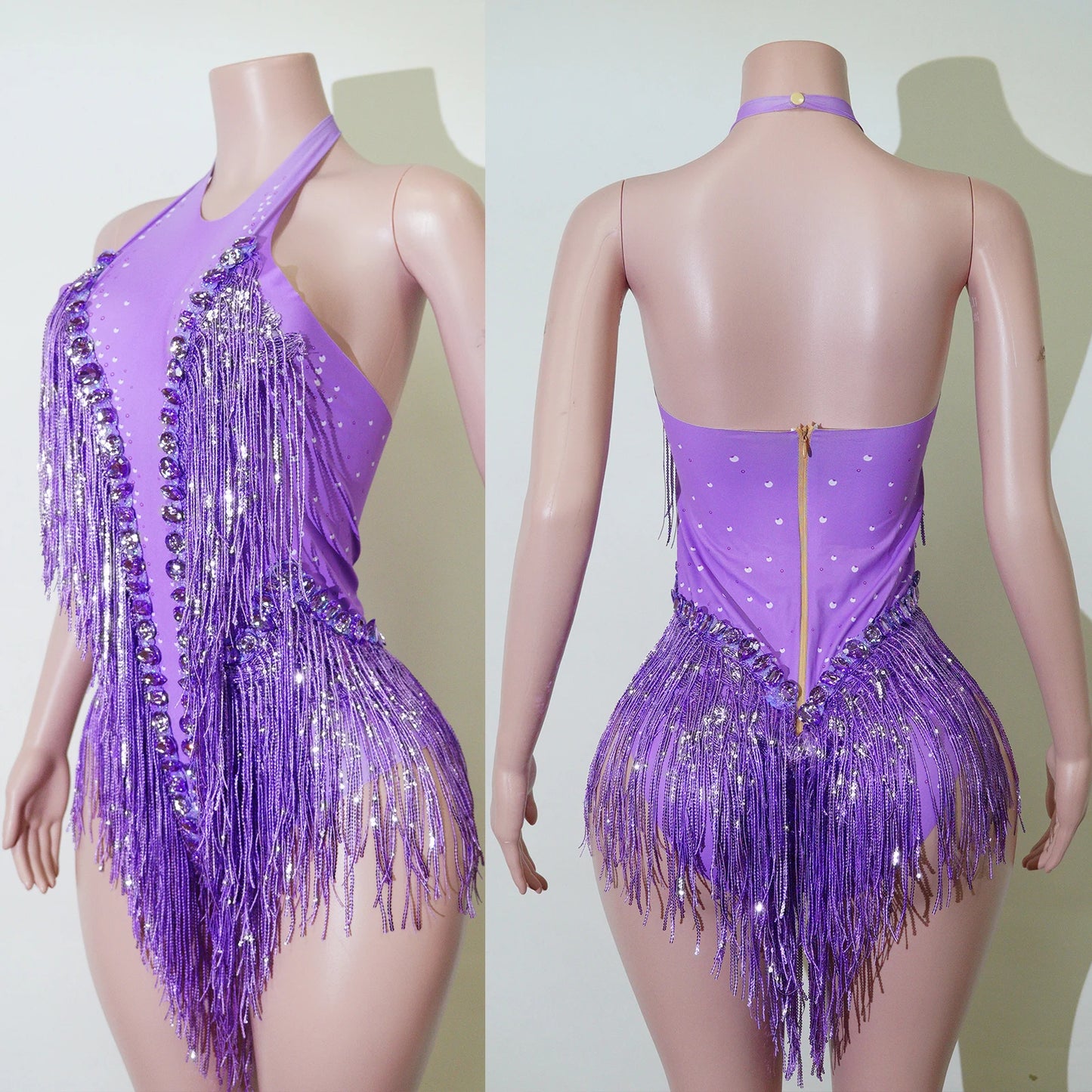 Tassel Fringe Design Sleeveless Zipper Back Sparkling Rhinestone Women's Formal Stage Dance Bodysuit
