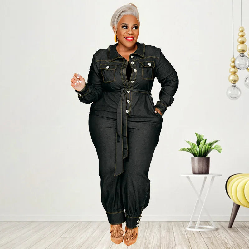 Denim Turn-Down Collar Sash Belted Button Front Long Sleeve Women's Overall Jumpsuit to 5X Plus Size