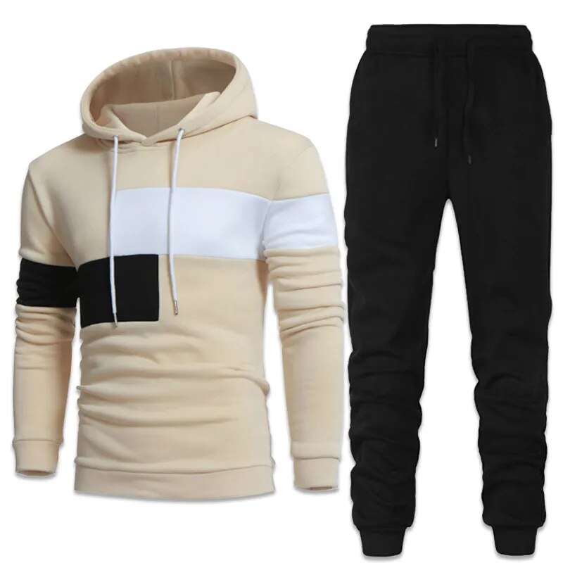 Men's Patchwork Colorblock Striped Hooded Sweatshirt + Sweatpants Tracksuit