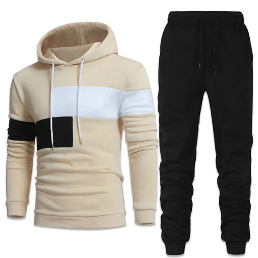 Men's Patchwork Colorblock Striped Hooded Sweatshirt + Solid Sweatpants Tracksuit