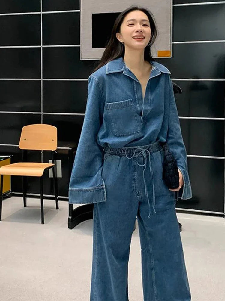 Denim Pocket Detail V-Neck Long Sleeve Pullover Jacket + Elastic Waist High Wide Leg Jeans 2-Piece Set