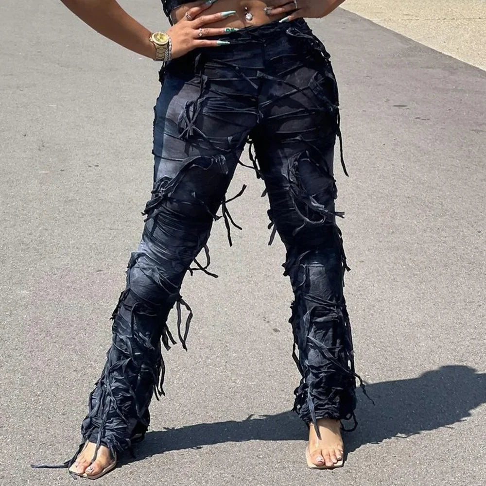 Ripped Tassel Fringe Detail Women's Streetwear Pants