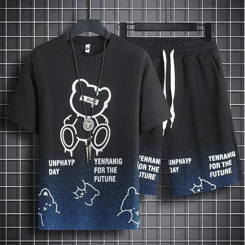 Men's Teddy Bear Print Waffle 3D Graphic Short Sleeve O-Neck T-Shirt + Drawstring Striped Hem Shorts 2-Piece Set