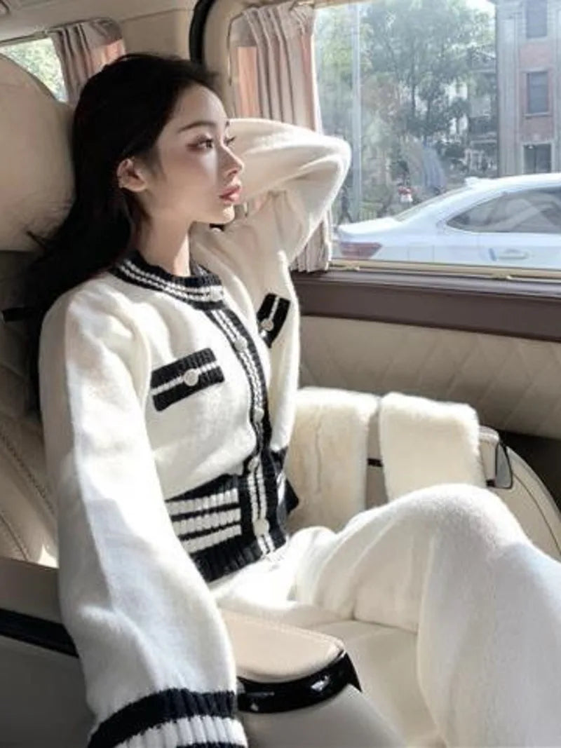 Pullover Striped Double Pocket Button-Up O-Neck Sweater Blazer + Wide Leg Pants Women's Knitted 2-Piece Suit