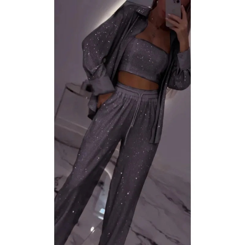 Sparkling Glitter Sequin Women's Fitness Zipper Jacket w/ Matching Tube Top+ Elastic Waist Sweatpants Women's 3-Piece Tracksuit to 3X Plus Size