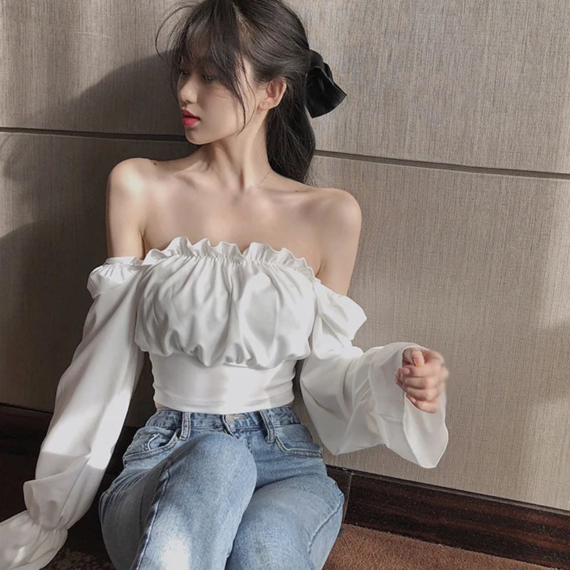 Bandage Criss-Cross Lace-Up Back Ruffled Elastic Slim Off-the-Shoulder Long Puff Sleeve Cropped Blouse