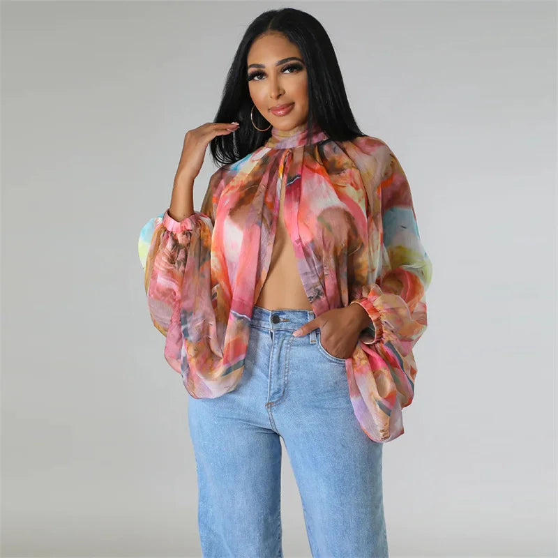 Chiffon Floral/Gradient Colorblock Sheer Front Slit Batwing Sleeve Women's Blouse