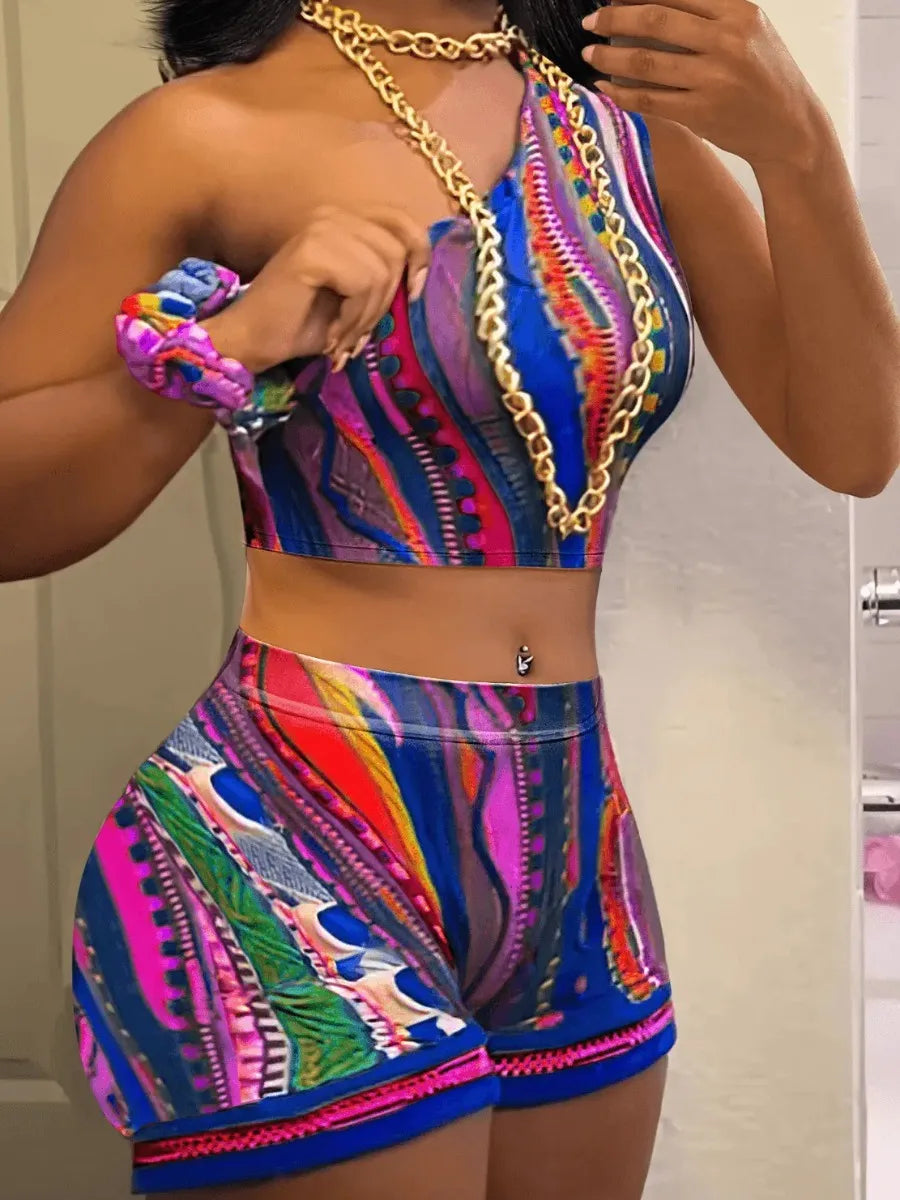 One Shoulder Sleeveless Geometric Rainbow Print Asymmetrical Crop Top & Matching Mini Shorts 2-Piece Set