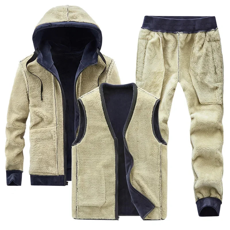 Men's Velvet Fleece Lined Drawstring 3-Piece Tracksuit w/ Zipper Hoodie Jacket + Vest + Sweatpants Set