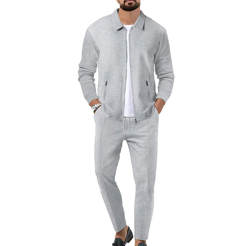 Men’s Long Sleeve Waffle Print Zipper Jacket + Drawstring Pants 2-Piece Set
