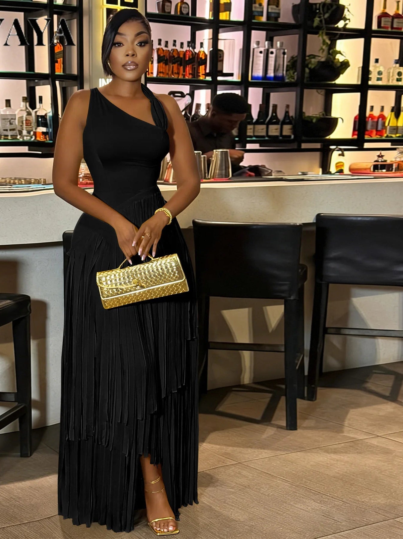 Sleeveless Asymmetrical Tassel Fringe Hem Design Skew Collar Maxi Party Dress