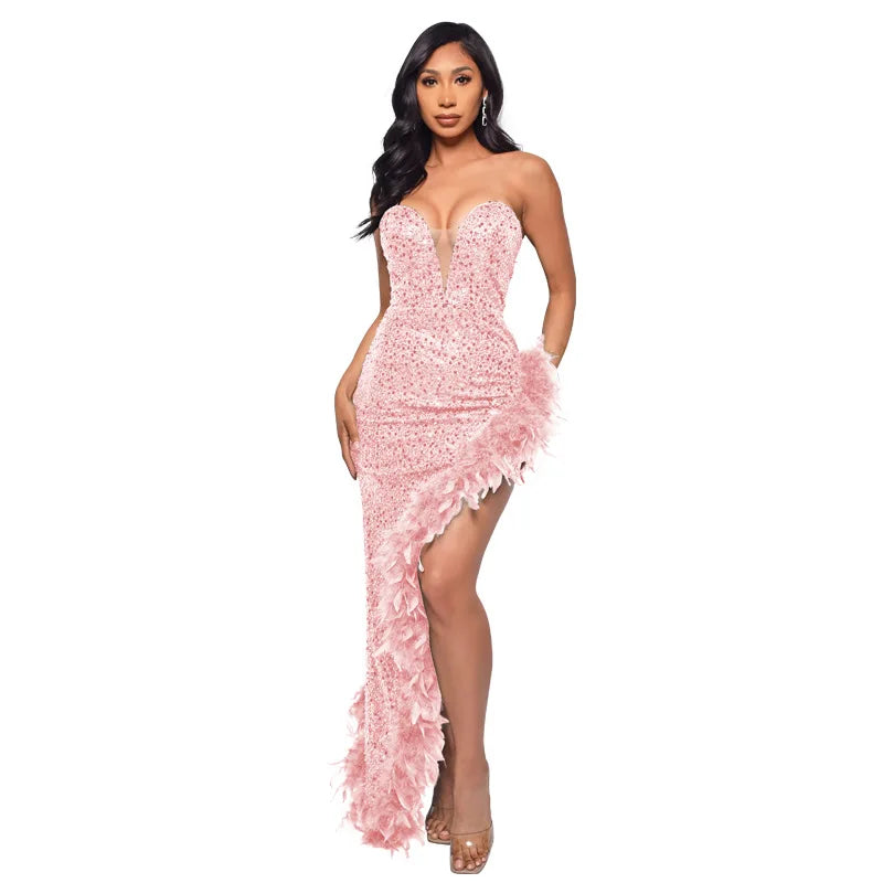 Tube Feather Hem Sparkling Crystal Sleeveless Backless High Side Slit Bodycon Formal Party/Prom Maxi Evening Dress