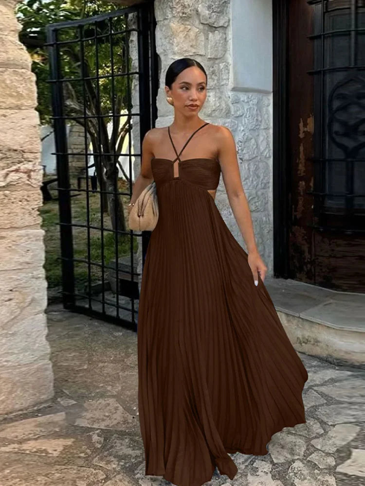 Pleated Halter Spaghetti Strap Backless Sleeveless Beach Maxi Dress