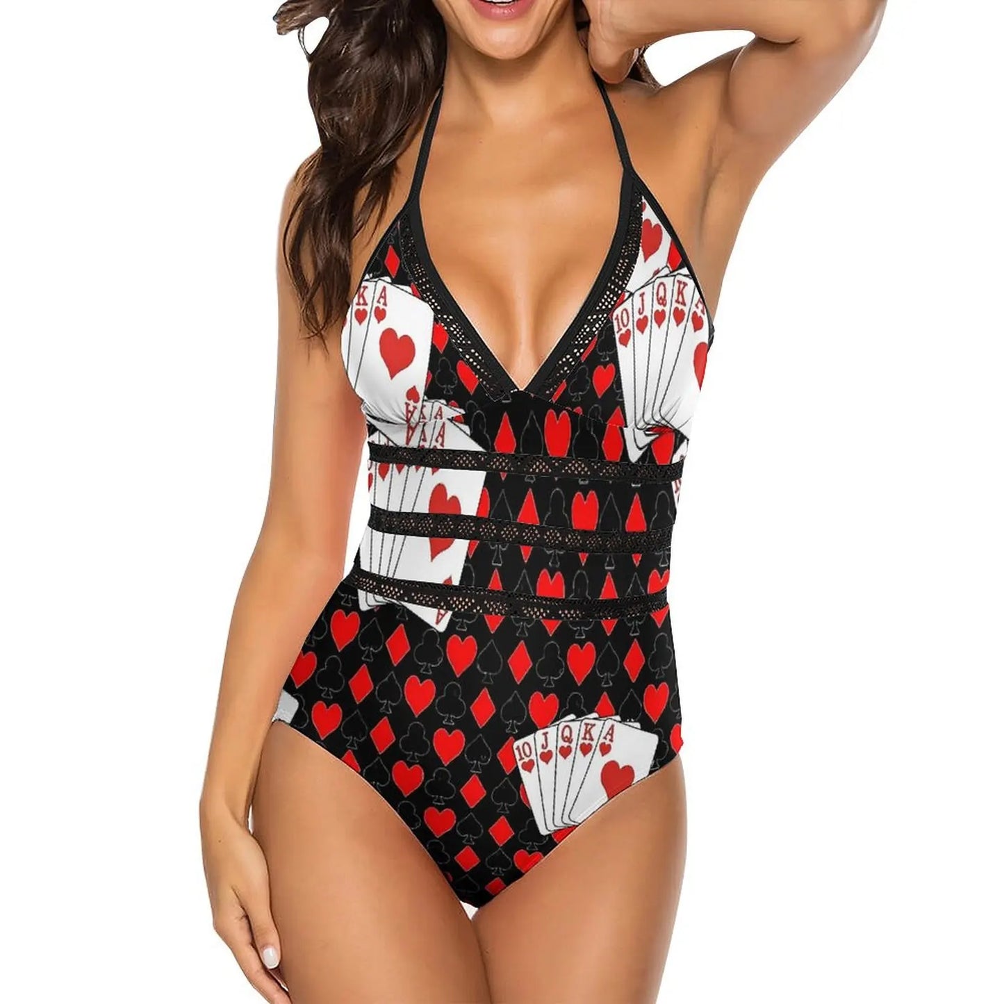 Women's Spaghetti Strap V-Neck Playing Card Print One-Piece Swimsuit