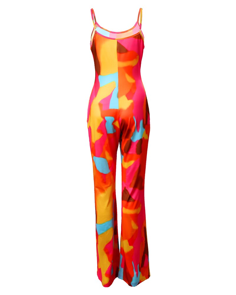 Tie Dye U-Neck Spaghetti Strap Sleeveless Bodycon Jumpsuit