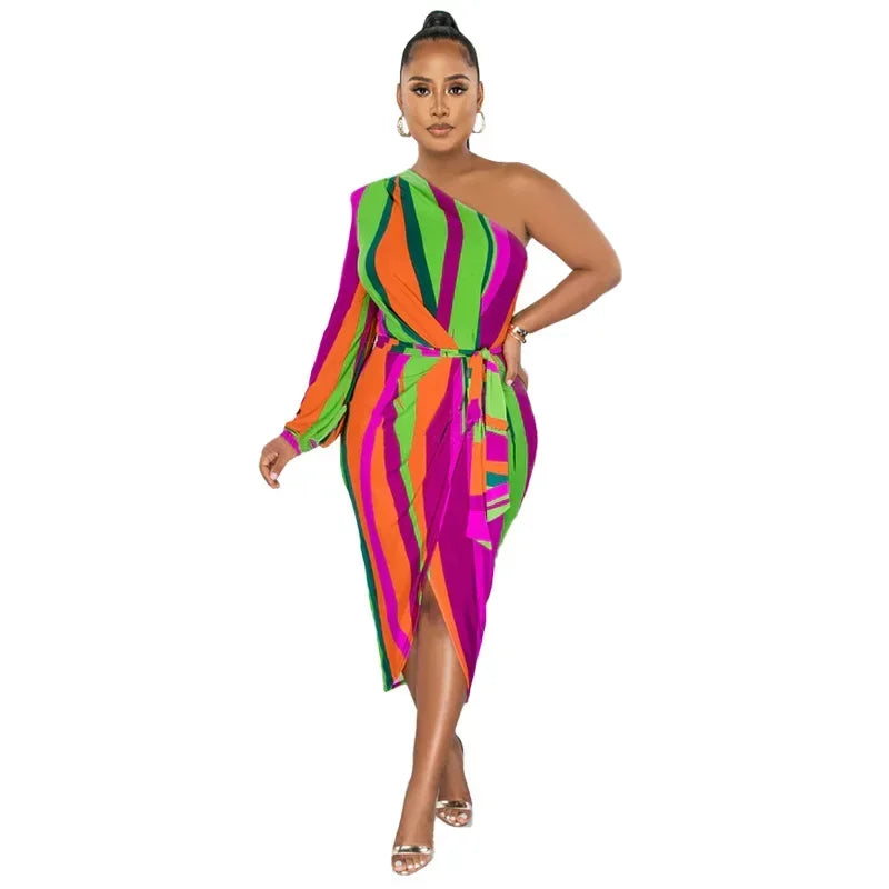 Asymmetrical Rainbow Striped Colorblock One Sleeve Loose Midi Dress w/Sash Belt