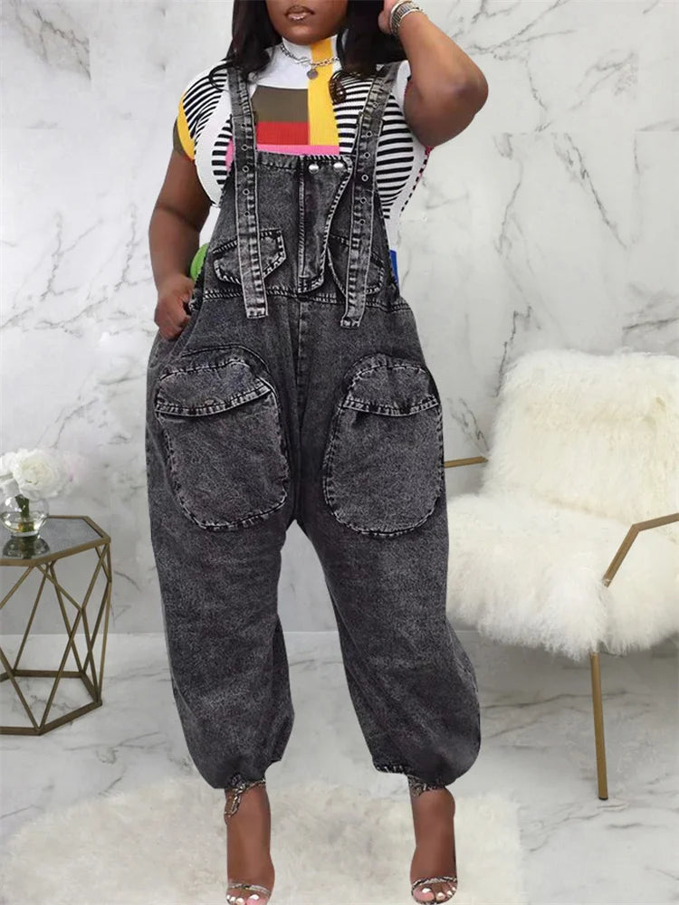 Women's Denim Cargo Pocketed Wide Leg Streetwear Overalls Jeans Jumpsuit