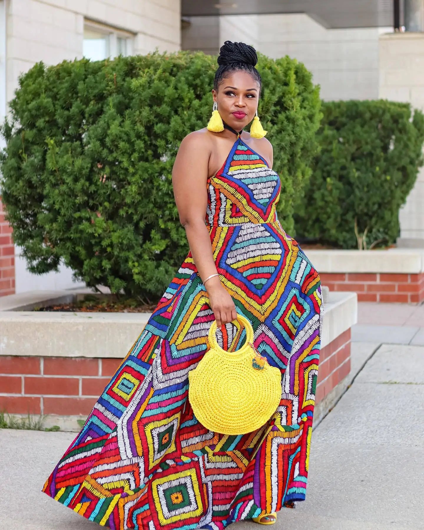 Geometric Abstract African Sleeveless Dashiki Print Spaghetti Strap Maxi Sundress