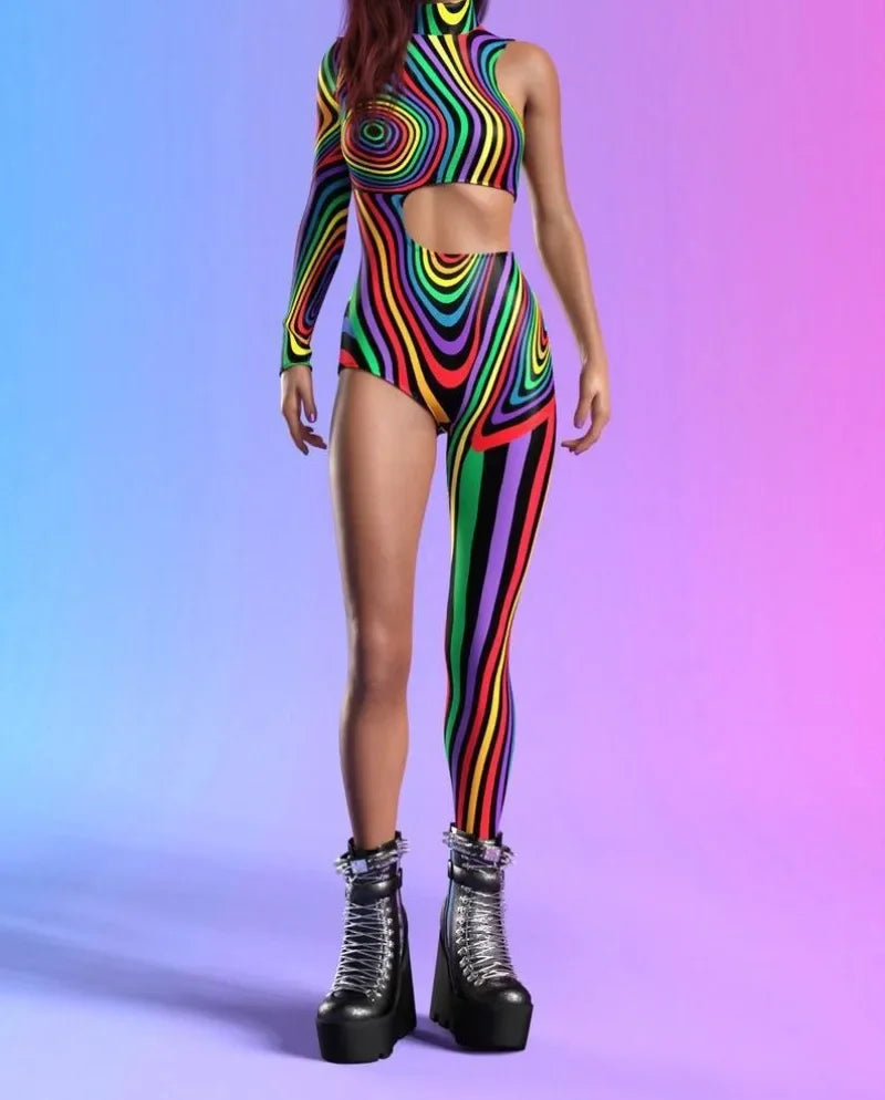 Irregular Asymmetrical One Sleeve Rainbow Geometric Striped Floral Hollow-Out 3D Print One Leg Jumpsuit to 3X Plus Size
