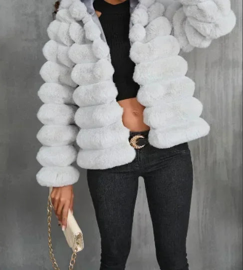 Ribbed Women's Faux Mink Fur Solid Color Turn-Down Collar Long Sleeve Jacket to 3X Plus Size
