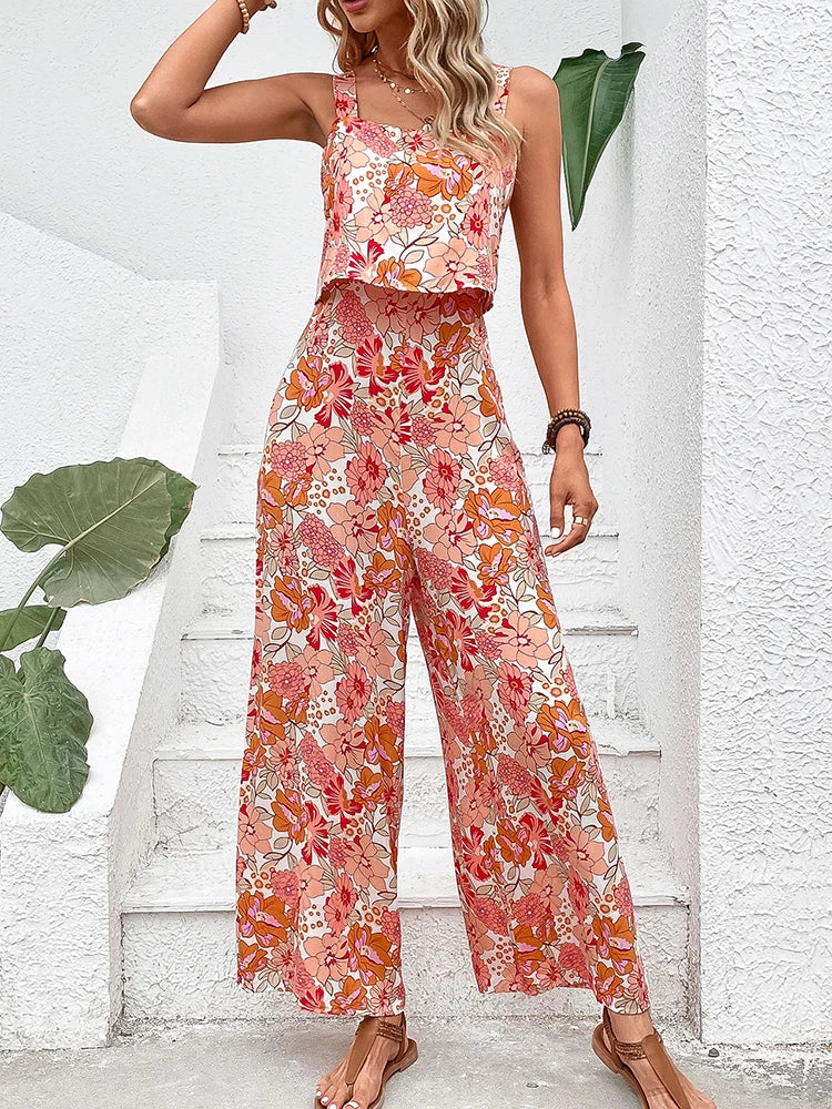 Flower Print  Backless Wide Leg Sleeveless Halter Jumpsuit