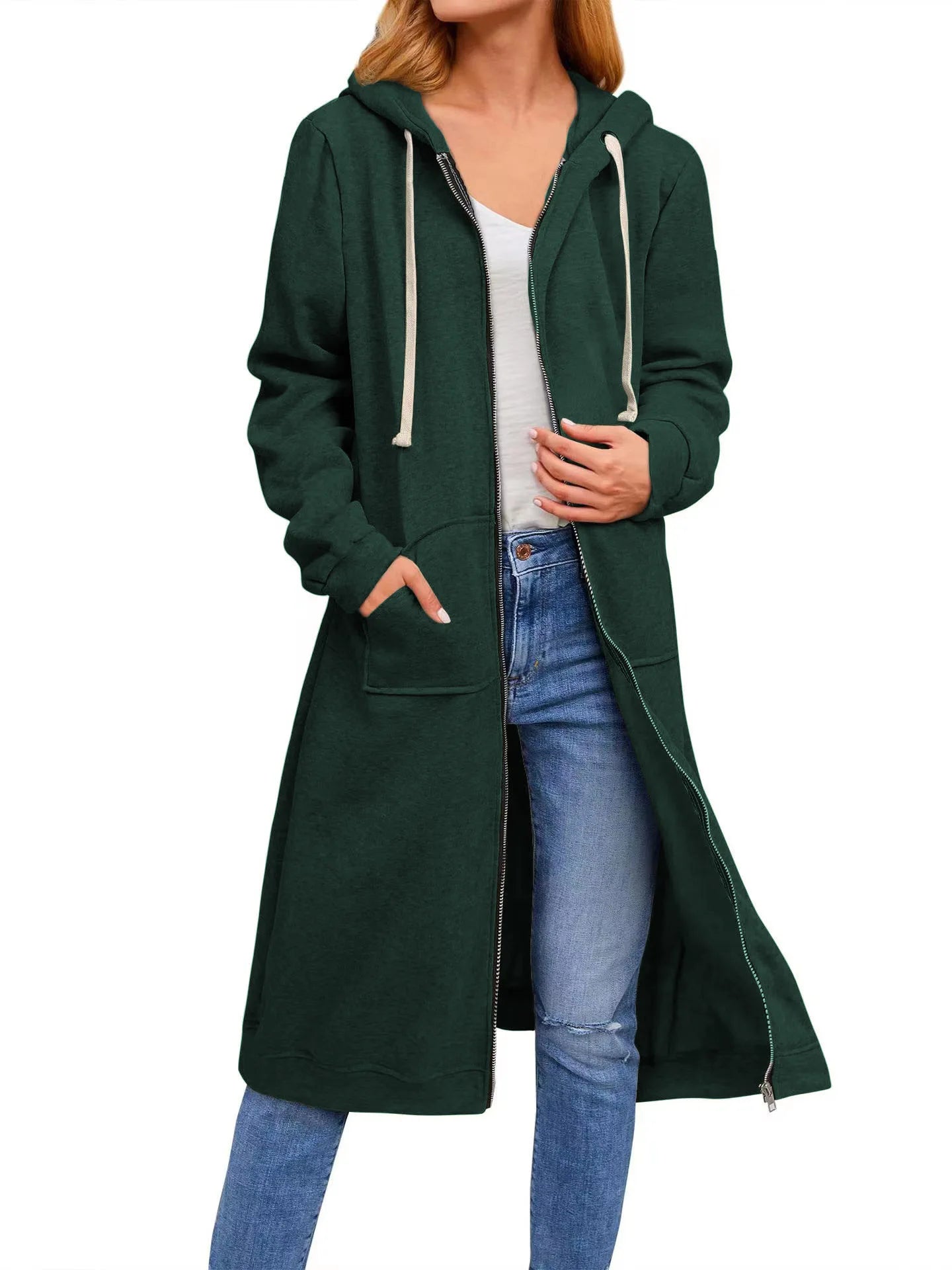 Drawstring Solid Color Women's Long Sleeve Zipper Maxi Hoodie Sweatshirt w/ Pockets