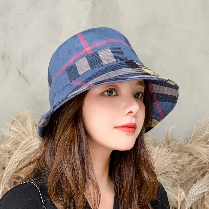 British Women's Suede Plaid Folding Designer Replica Bucket Hat