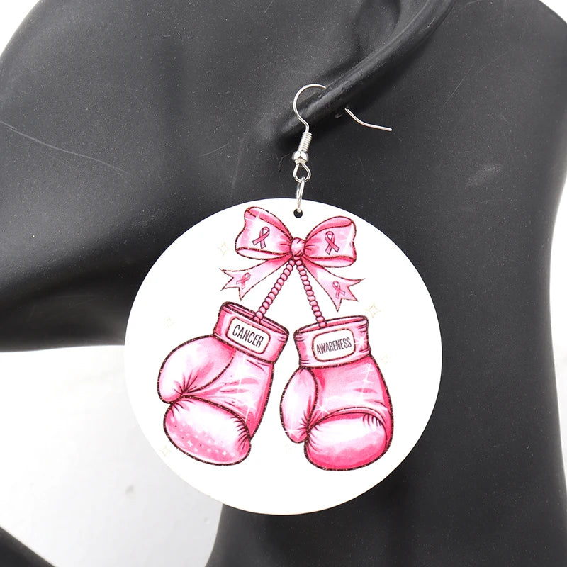 Round Pink Breast Cancer Wooden Earrings