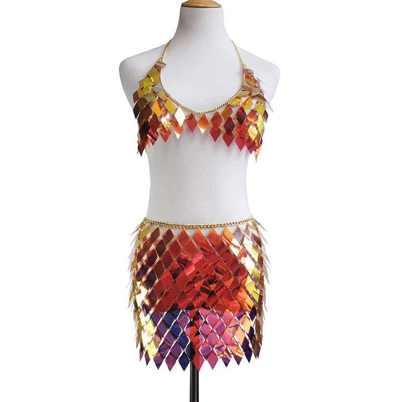 Metallic Sequined Geometric  Bikini Crop Top + Mini Skirt Handcrafted Party Women's 2-Piece Set