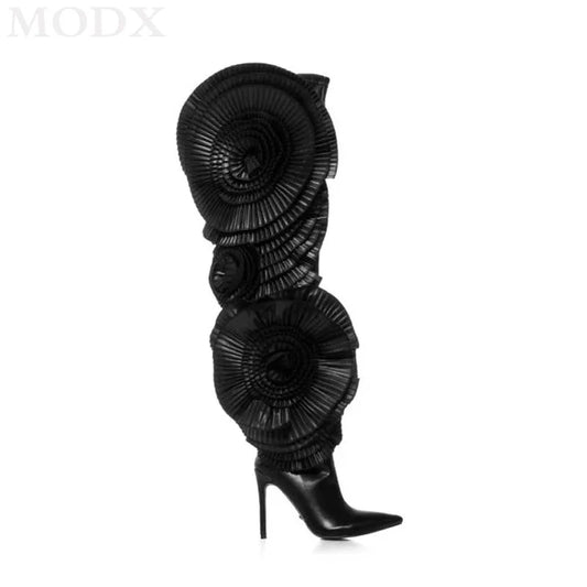 Pleated Real Leather Flower Embellishment Over- The-Knee Pointed Toe Thigh High Boots