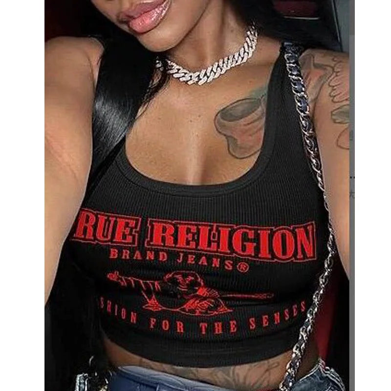 True Religion Letter Print U-Neck Women's Cropped Tank Top