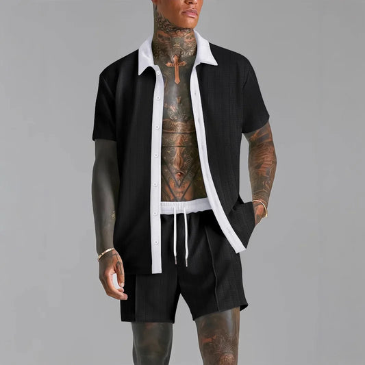 Men's Designer Open Side Striped Turn-Down Collar Colorblock Short Sleeve Polo Shirt + Elastic Waist Shorts 2-Piece Set