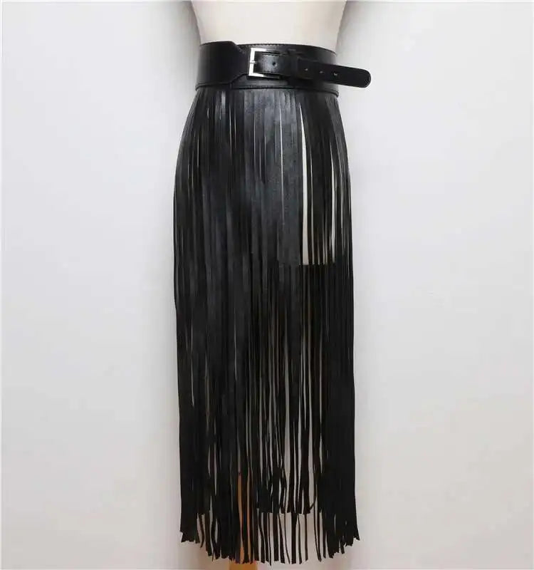 PU Leather Black Tassel Fringe Design Solid Color Maxi Skirt