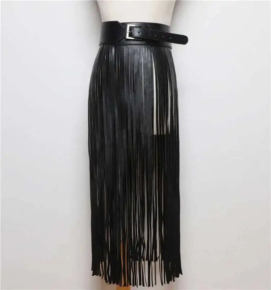 PU Leather Black Tassel Fringe Design Solid Color Maxi Skirt