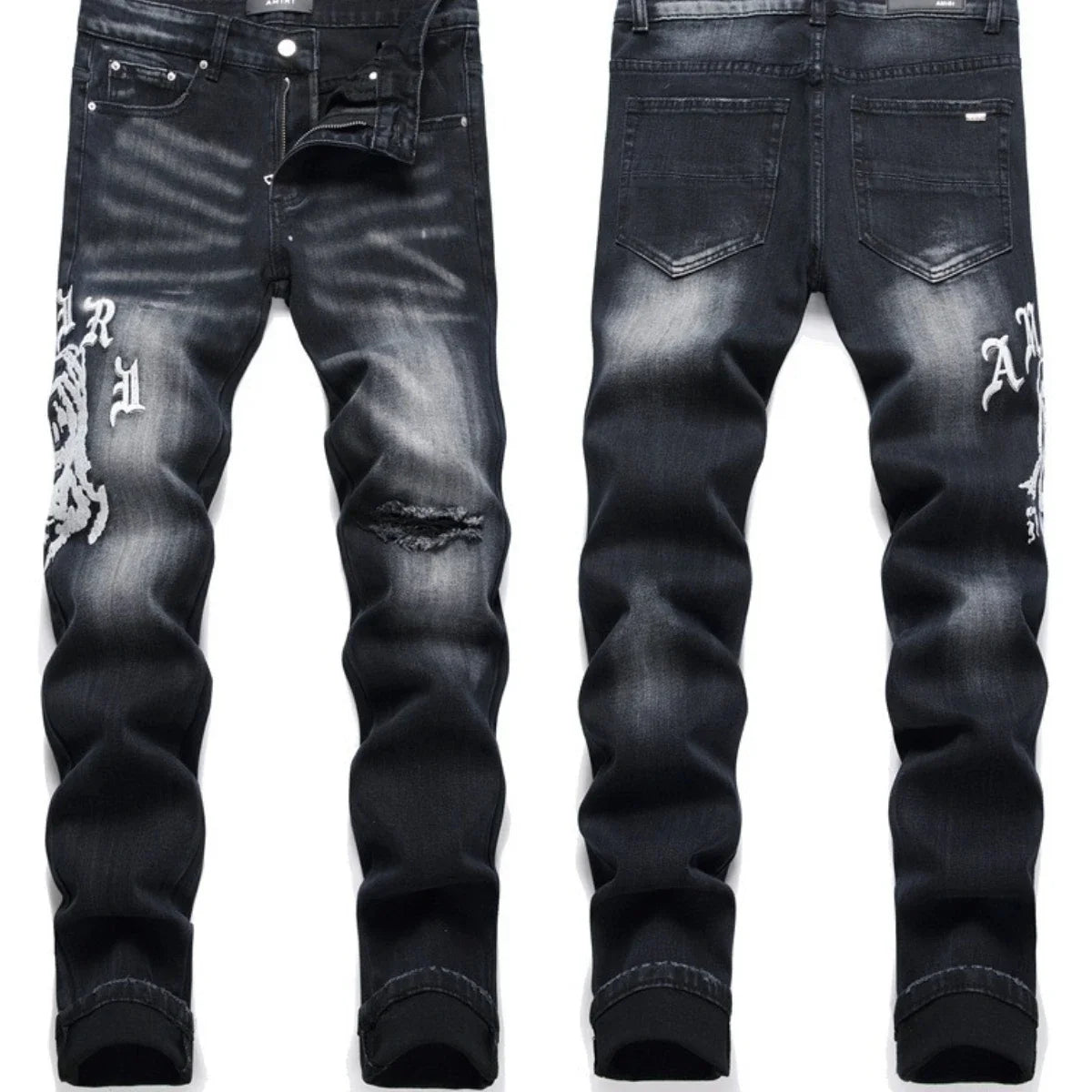 Men's Denim 3D Graffiti Paint Splash Design Washed Distressed  Embroidered  Stacked Ruched Skinny Jeans