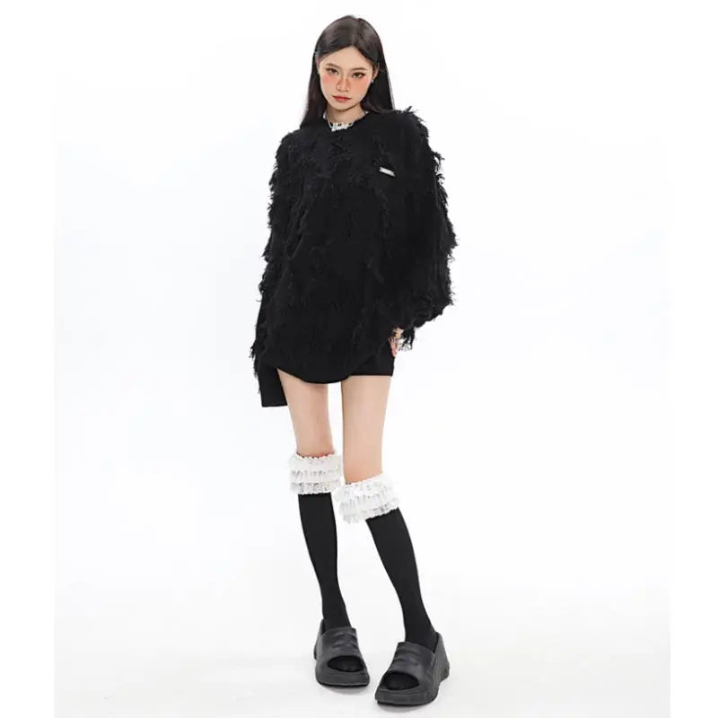 Oversized Fringe Tassel Design Knitted Women's Streetwear Loose Pullover Loose Sweater