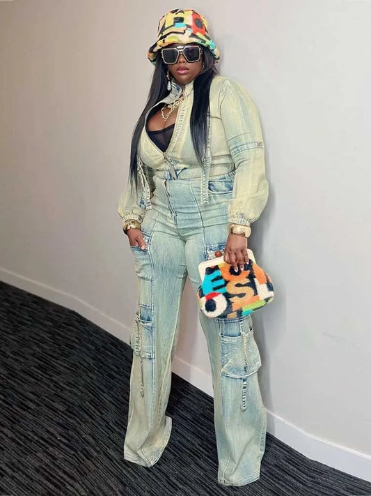 Faded Denim Light Blue Buckle Strap Detail Women's Long Sleeve Zipper Jean Jacket + Streetwear Cargo Pocketed Jeans 2-Piece Set