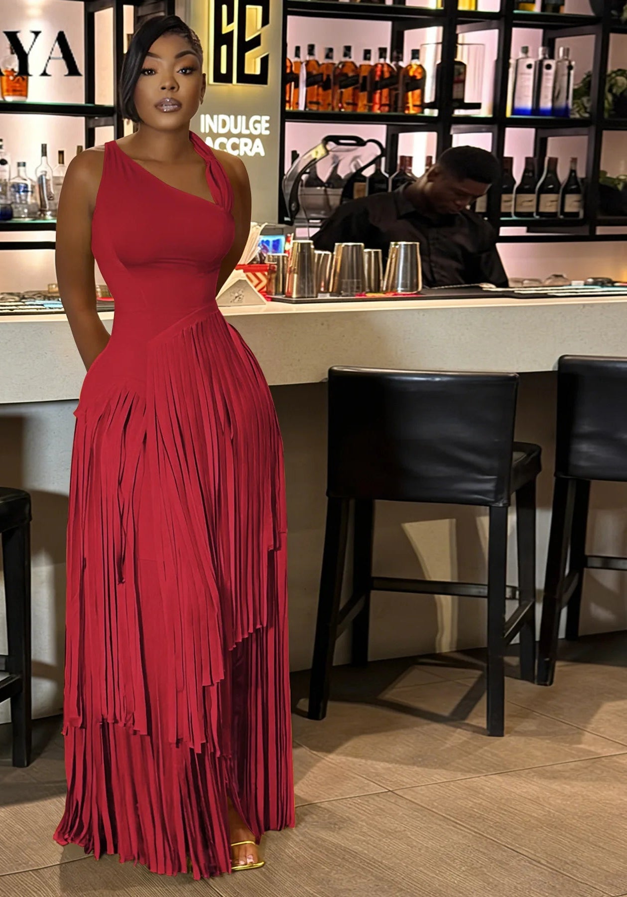 Sleeveless Asymmetrical Tassel Fringe Hem Design Skew Collar Maxi Party Dress