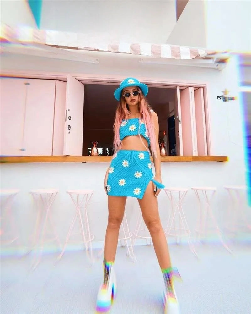 Crochet Big Flower Pattern Knitted Women's Sweater Tank Top + Drawstring Mini Skirt 2-Piece Set