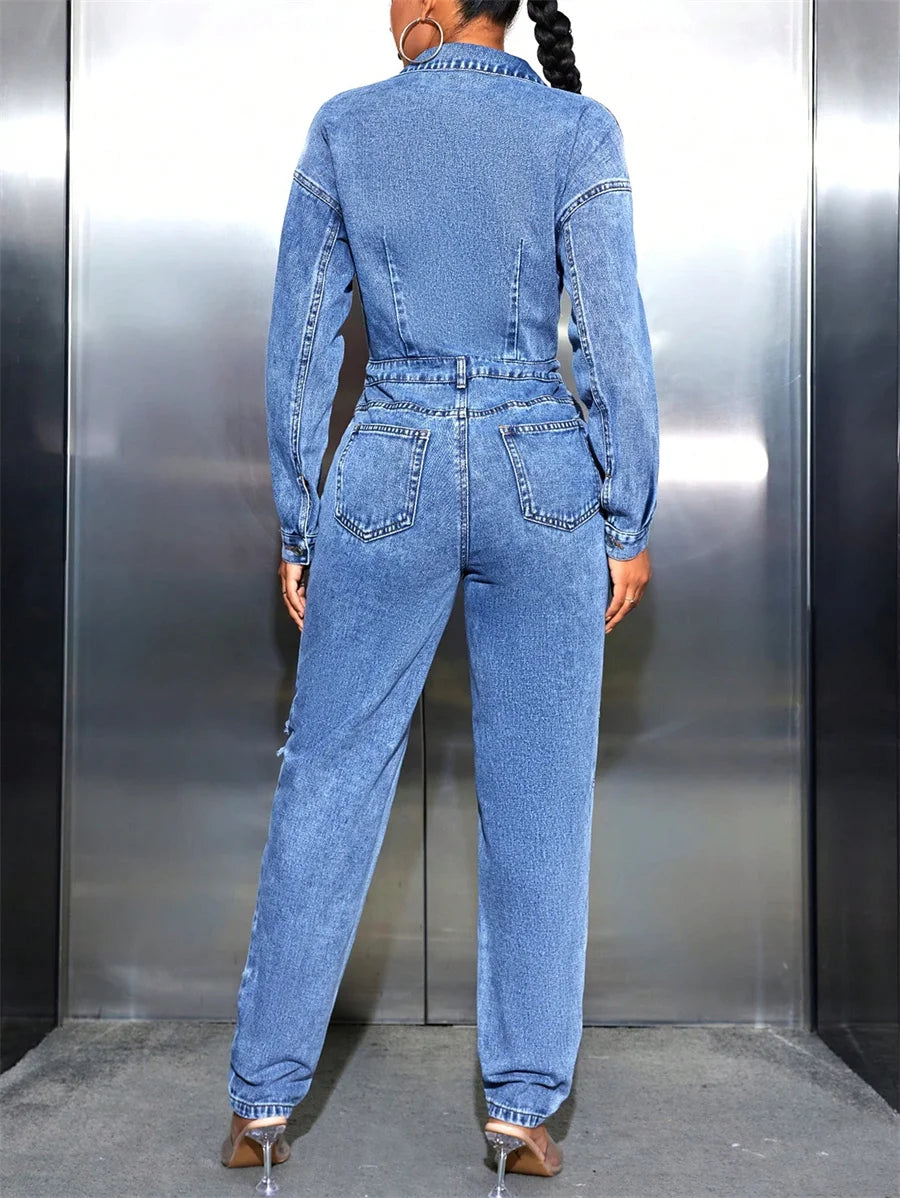 Denim Pocketed Faded Blue Ripped Hole Pattern Turn-Down Collar Elastic Waist Women's Streetwear Long Sleeve Overall Cargo Jean Jumpsuit