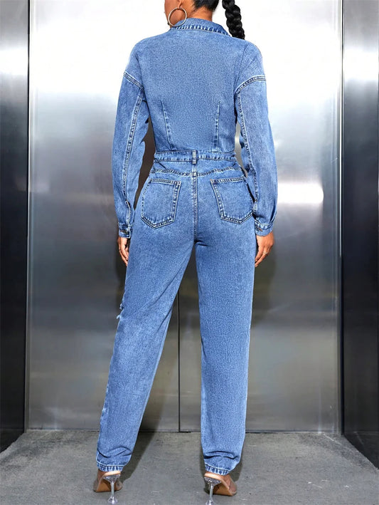 Denim Pocketed Faded Blue Ripped Hole Pattern Turn-Down Collar Elastic Waist Women's Streetwear Long Sleeve Overall Cargo Jean Jumpsuit