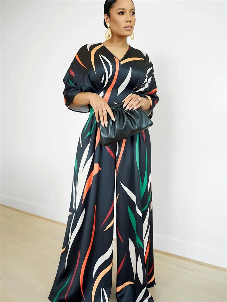 Rainbow Swirl Design V-Neck Short Sleeve Wide Leg Jumpsuit