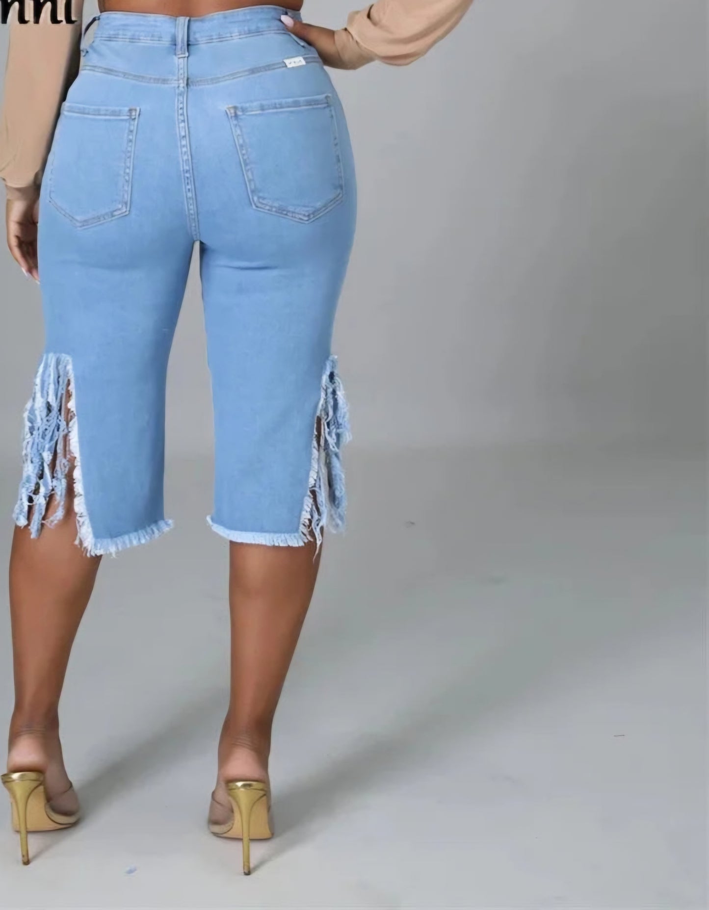 Black/Blue Bermuda Tassel Fringe Ripped Knee-Length Denim Capri Jeans