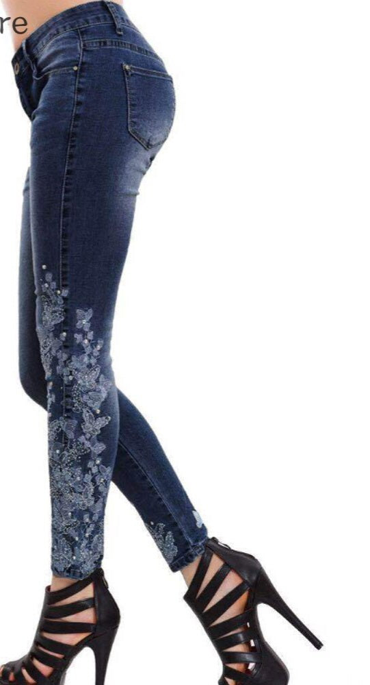 Crochet Embroidered Floral Denim Pencil Skinny Women's Jeans to 5X Plus