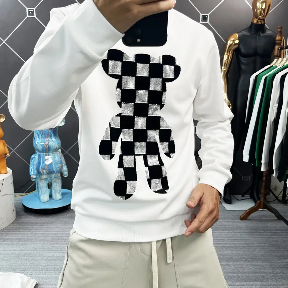 Men's O-Neck Rhinestone Checkered Teddy Bear Streetwear Sweatshirt