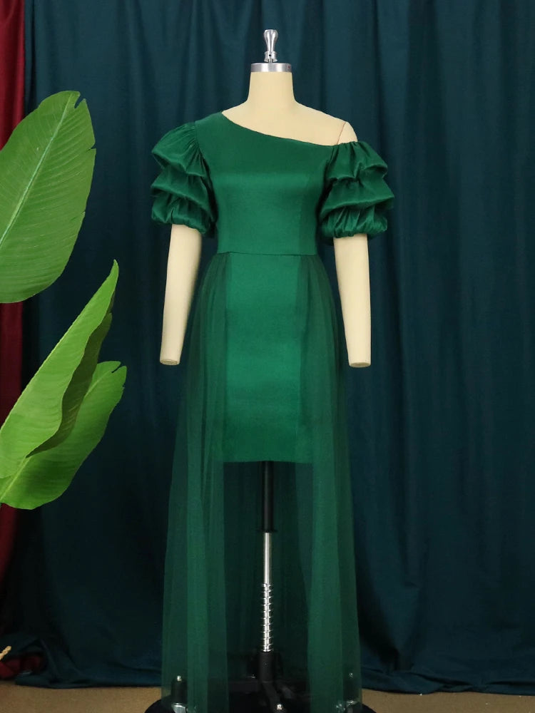 Satin Green One Shoulder Puff Sleeve Mesh Train Patchwork Pleated Formal Midi Dress to 4X