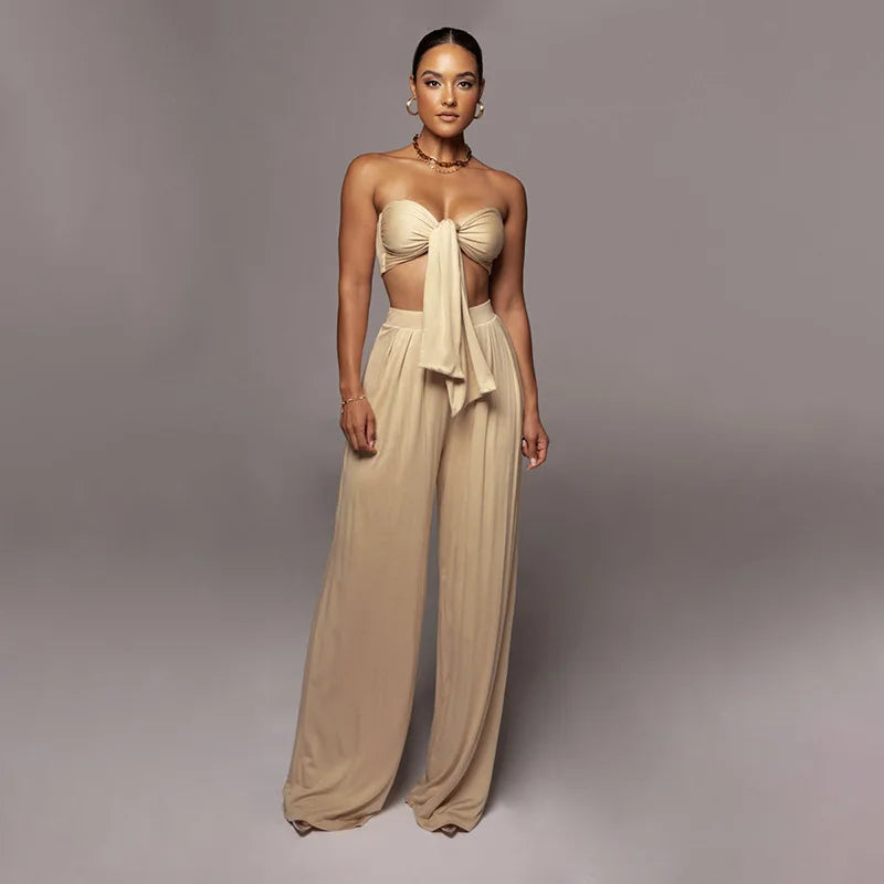 Sleeveless Bowknot Design Tube Top+ Wide Leg Pants Women's Solid Color 2-Piece Set