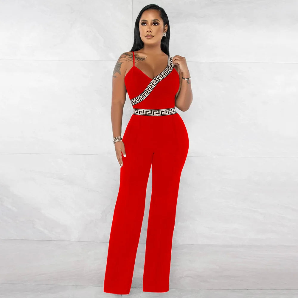 Geometric Print Asymmetrical Spaghetti Strap High Waisted Wide Leg Jumpsuit