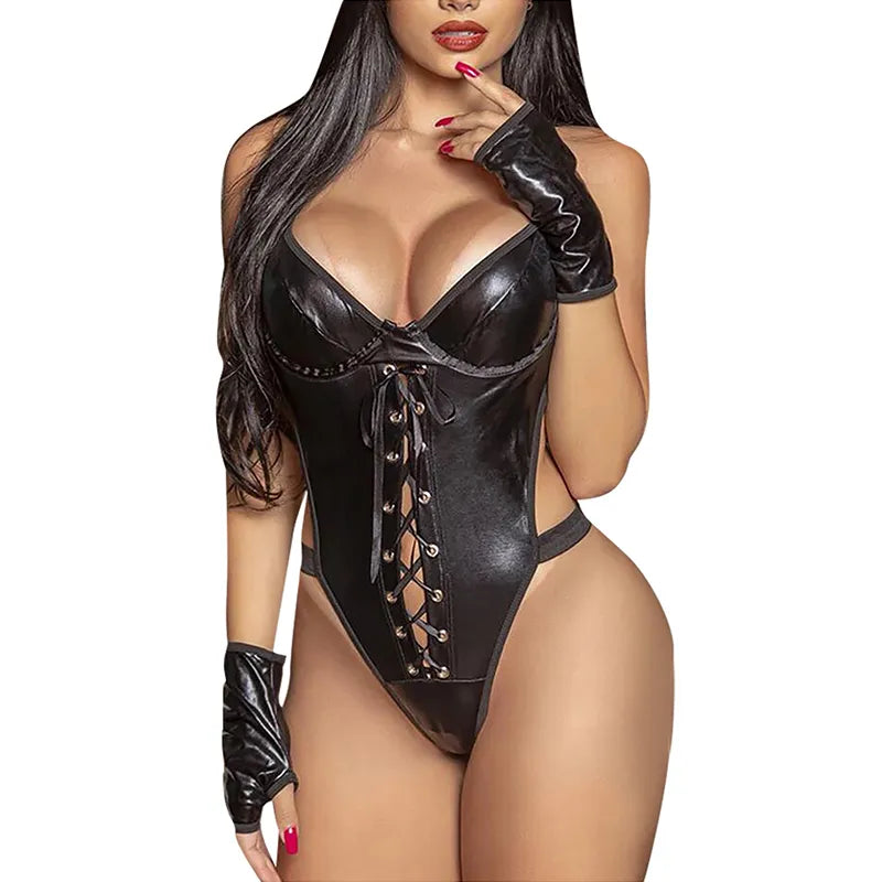 Latex Leather V-Neck Plus Hollow Out Backless Corset Bodysuit