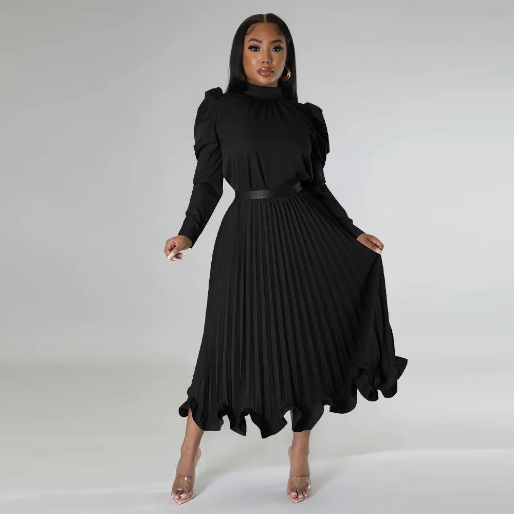 Women’s Solid Color O-Neck Lantern Sleeve Blouse + A-Line Flounce Formal Pleated Maxi Skirt w/ Sash Belt 2-Piece Set